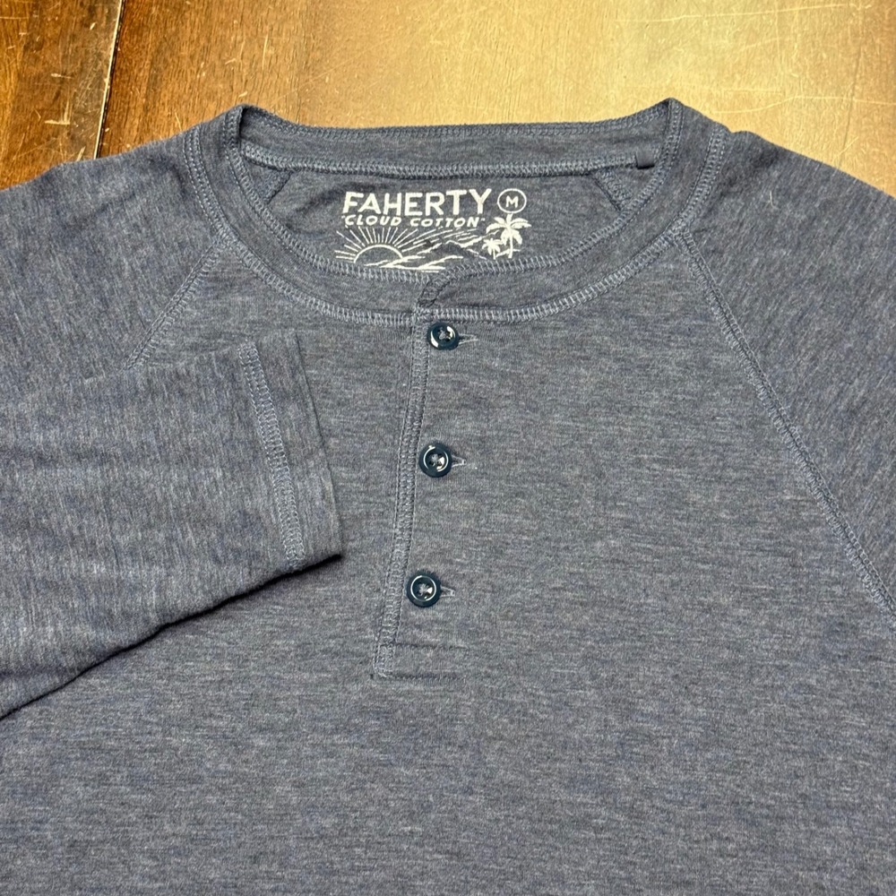 Faherty Cloud Cotton Henley Mens Medium Blue Heathered Raglan Long Sleeve Shirt